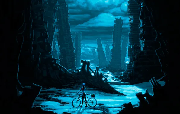 Картинка ночь, велосипед, город, руины, romantically apocalyptic, apocalypse, Zee Captain