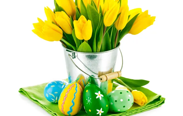 Картинка цветы, яйца, букет, Пасха, тюльпаны, желтые тюльпаны