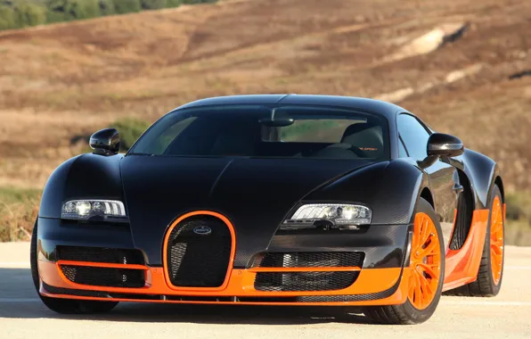 Картинка суперкар, Bugatti Veyron, black, Super Sport, orange, гиперкар, 16.4, быстрый