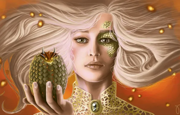 Картинка взгляд, дракон, яйцо, арт, белые волосы, game of thrones, Daenerys Targaryen, чешуйки