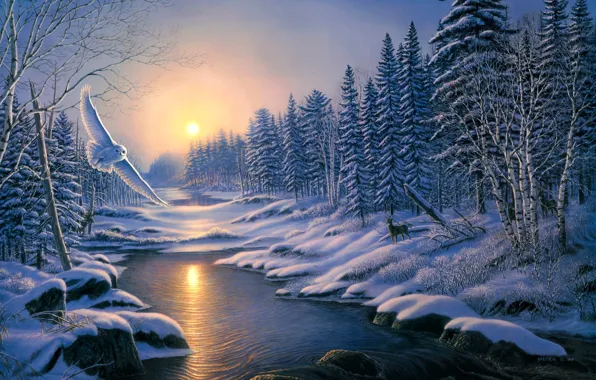 Картинка зима, лес, животные, снег, закат, природа, река, сова