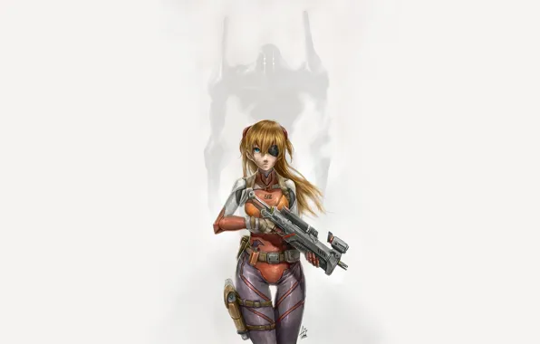 Картинка девушка, оружие, костюм, Ева, Neon Genesis Evangelion, простой фон, Asuka Langley
