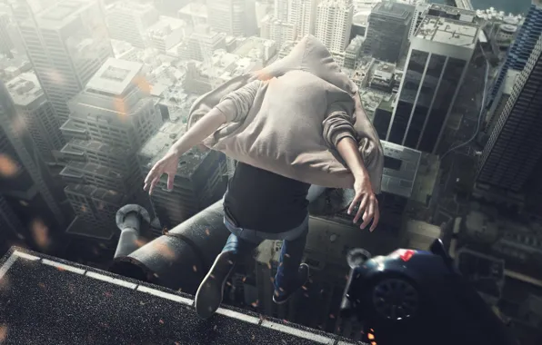 Крыша, машина, город, прыжок, высота, парень, roof
