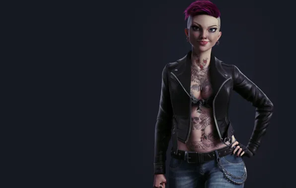 Девушка, улыбка, рендеринг, пирсинг, тату, арт, косуха, Biker_concept