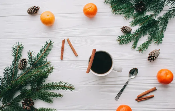 Украшения, Новый Год, Рождество, Christmas, wood, New Year, coffee cup, мандарины