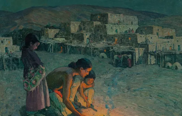 Вечер, городок, костёр, Moonlight, Eanger Irving Couse, мать и дети, Pueblo de Taos 1