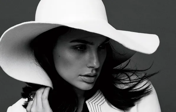 Портрет, шляпа, актриса, красавица, черно-белое, в белом, Fashion, Галь Гадот