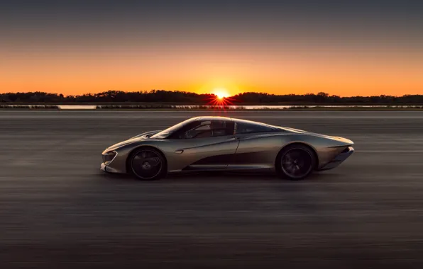 Закат, McLaren, скорость, вечер, суперкар, вид сбоку, гиперкар, 2019