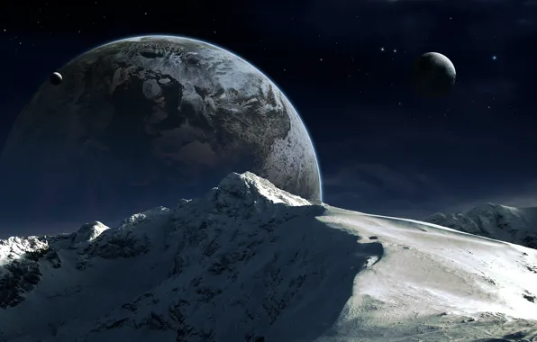 Картинка снег, горы, планета, спутник