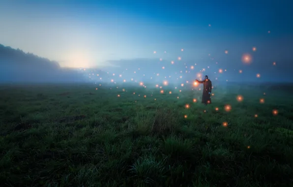 Поле, туман, человек, мистика, field, fog, man, mysticism
