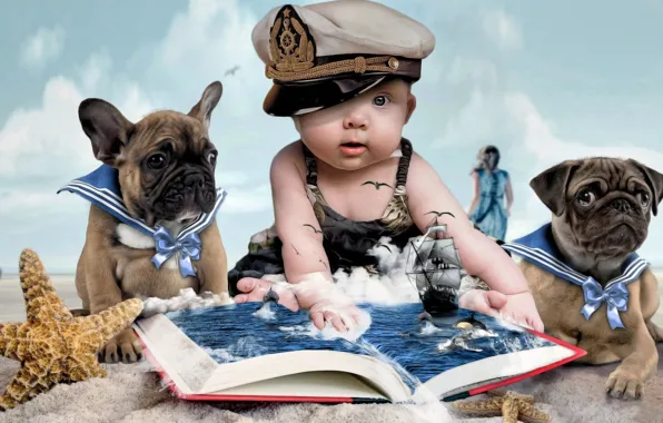 Картинка песок, облака, детство, ребенок, морская звезда, книжка, лялька, две собачки