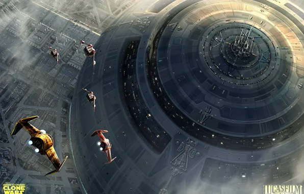 Планета, корабли, космическая станция, concept art, Star Wars: The Clone Wars, Lucas Film, by Pat …