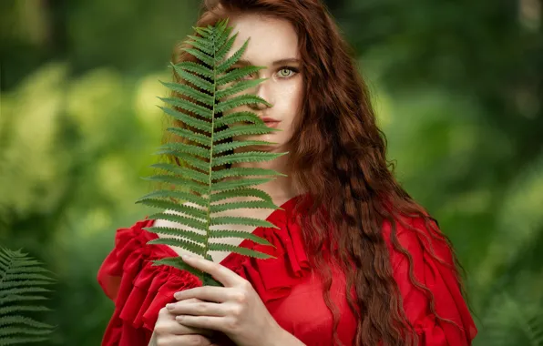 Картинка взгляд, девушка, лицо, портрет, рыжая, красное платье, рыжеволосая, длинные волосы