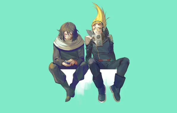 Аниме, арт, герои, двое, зеленый фон, Boku no Hero Academia, Моя геройская академия, My Hero …