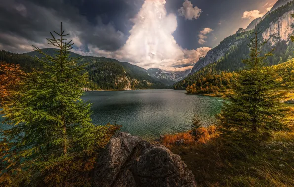 Картинка небо, горы, озеро, HDR, Австрия