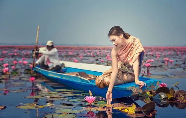 Картинка девушка, цветы, лодка, Asian Beauty
