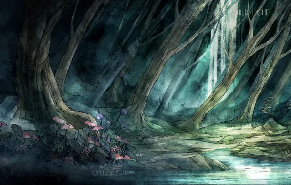 Картинка деревья, цветы, Flowers, Wallpaper, Widescreen, Forest, нарисованный пейзаж, Child of Light