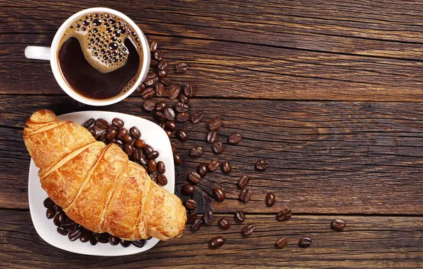 Картинка кофе, зерна, завтрак, выпечка, croissant, breakfast, круассан