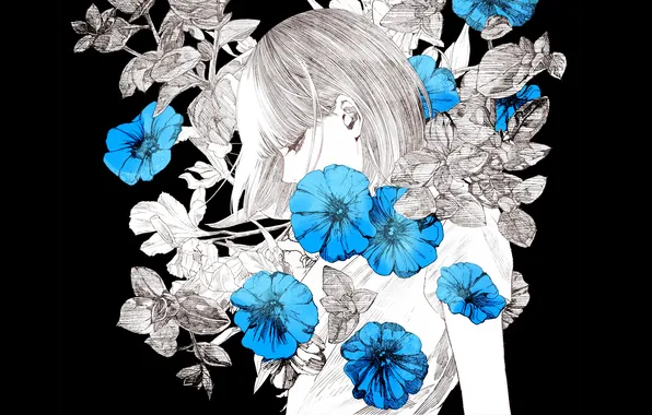 Девушка, цветы, черный фон, art, Kiyohara Hiro