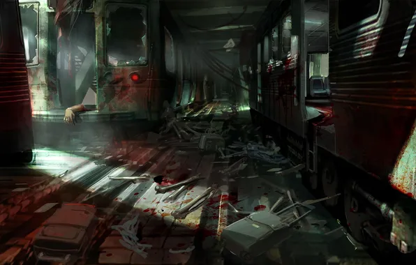 Картинка авария, метро, кровь, кости, тоннель, FEAR 3