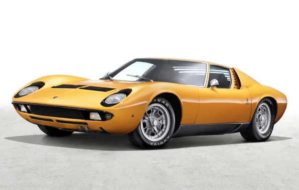 Картинка желтый, фон, Lamborghini, 1969, суперкар, классика, передок, Miura