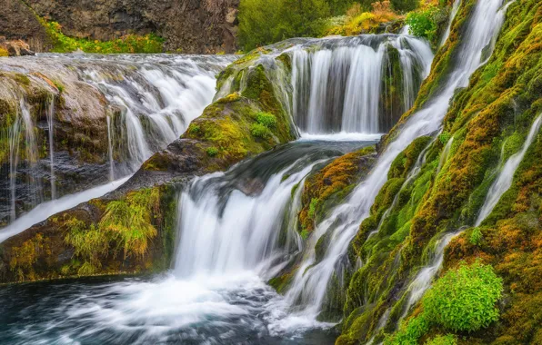 Картинка водопад, мох, каскад, Исландия, Iceland, Gjáinfoss