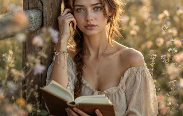 Поле, взгляд, девушка, природа, поза, поляна, забор, портрет
