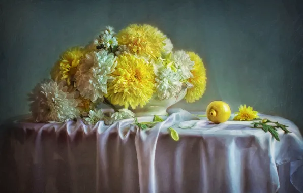 Картинка цветы, лимон, картина, хризантемы