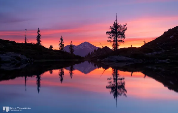 Закат, отражение, гора, photographer, Heart Lake, Mount Shasta, Kenji Yamamura