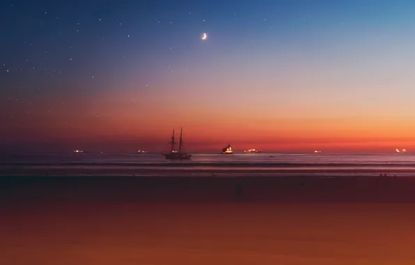 Картинка море, ночь, огни, корабль, яхта