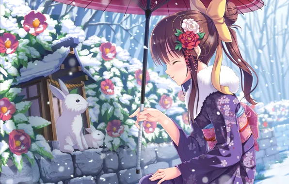 Картинка зима, девушка, снег, цветы, куст, зонт, арт, зайцы