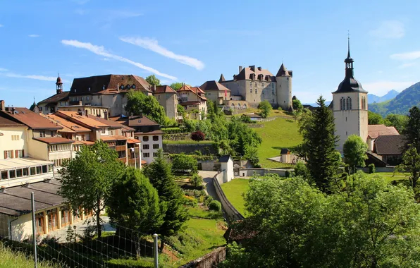 Дома, Швейцария, Switzerland, houses, горы., Gruyere, Fribourg
