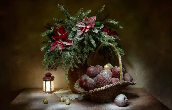 Картинка шарики, цветы, ветки, праздник, шары, яблоки, рождество, ель