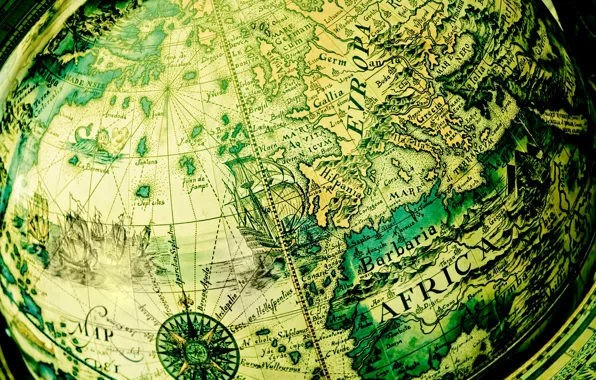 Карта мира, глобус, под старину, зеленый фон