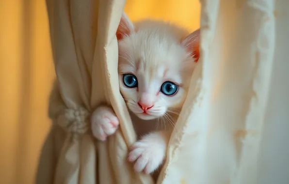 Кошка, белый, взгляд, поза, котенок, шторы, мордашка, ИИ-арт