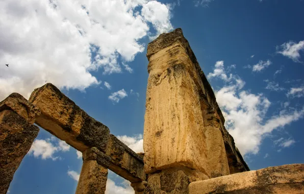 Sky, yellow, stones, Byzantium, Planet Earth, Pamukkale, Kide FotoArt, coloumns