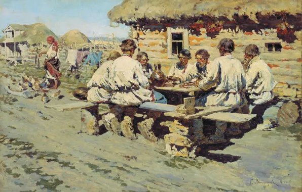 Картинка масло, хижины, сено, Холст, 1890, Сергей ВИНОГРАДОВ, Обед работников, русские мужики