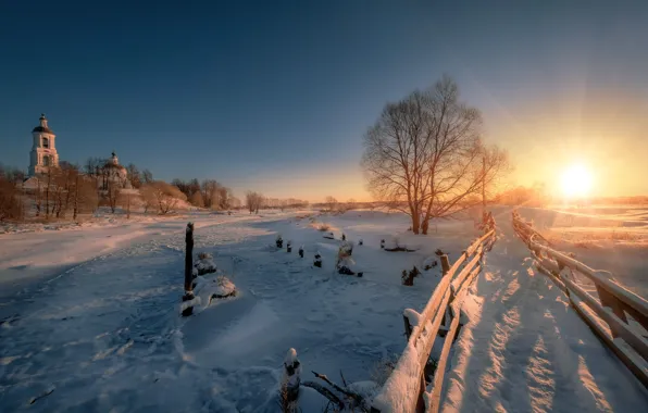 Зима, солнце, лучи, снег, пейзаж, природа, село, утро