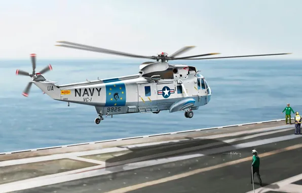 Картинка рисунок, арт, художник, палуба, вертолёт, американский, ВС США, Sea King
