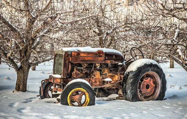 Картинка trees, snow, tractor, rust