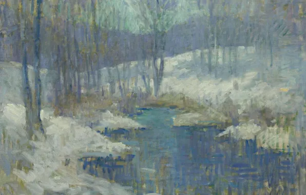Картинка деревья, пейзаж, ручей, картина, Эдмунд Грисен, Зимний Поток