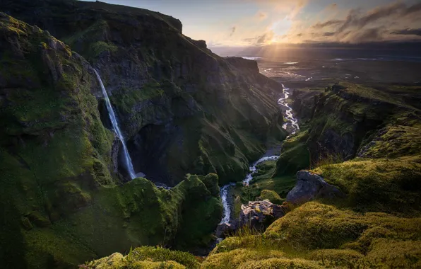 Картинка пейзаж, горы, природа, водопад, каньон, Исландия
