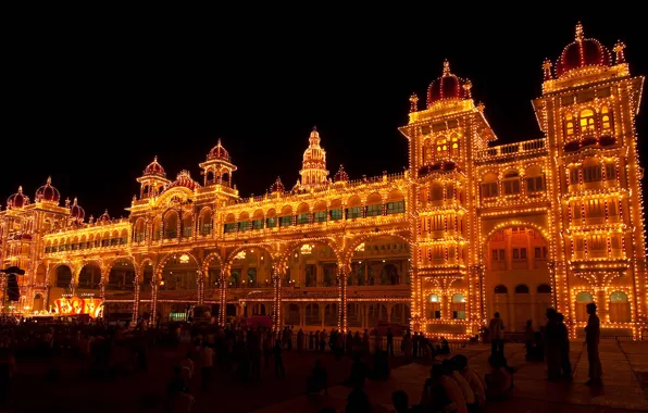 Ночь, огни, Индия, дворец, фестиваль Дасара, штат Карнатака, Майсур