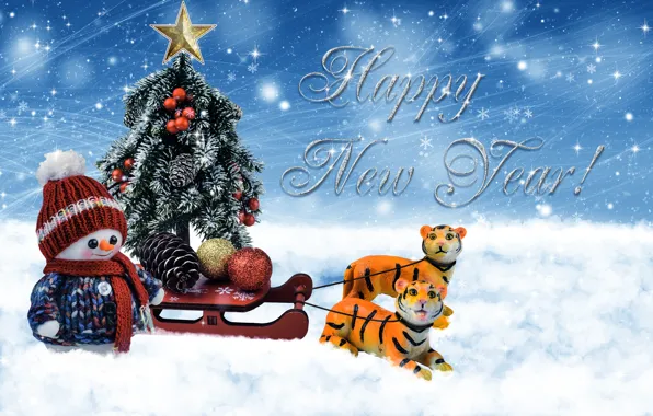 Сани, шарики, снеговик, ёлочка, праздник, год тигра, символ года, Новый год