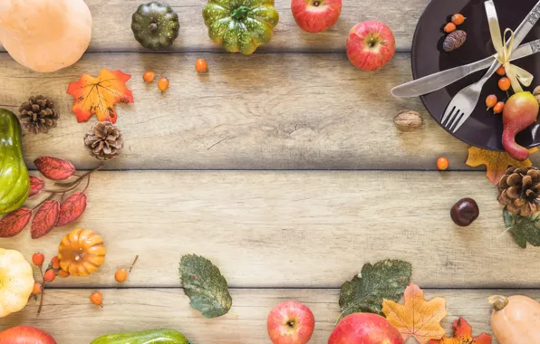 Картинка осень, листья, фон, яблоки, доски, colorful, тыква, wood