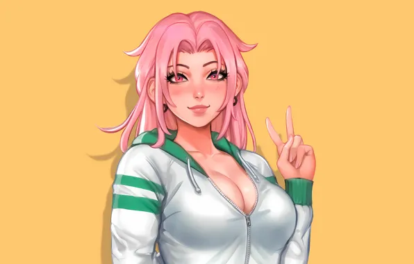 Girl, sexy, cleavage, pink hair, long hair, boobs, anime, beautiful