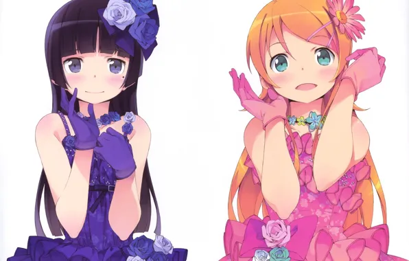 Цветы, платье, перчатки, длинные волосы, подруги, оборки, ore no imouto ga konna ni kawaii wake …