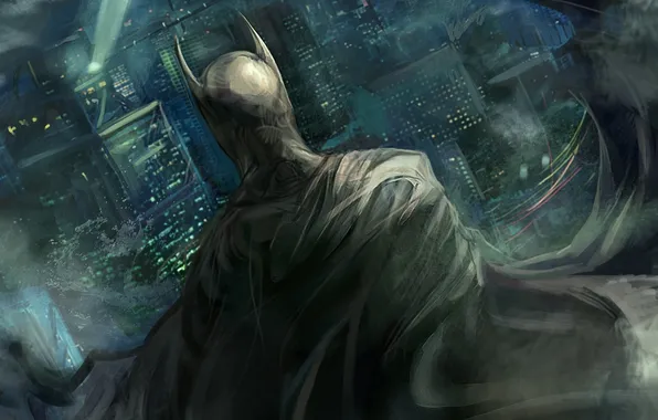 Картинка ночь, город, batman, здания, бэтмен, костюм