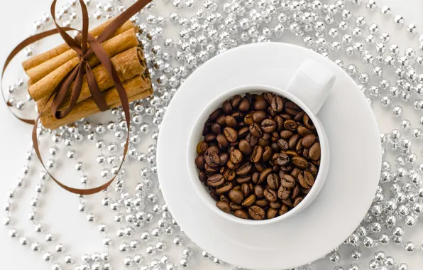 Ленты, кофе, зерна, чашка, cup, coffee, ribbon, cinnamon