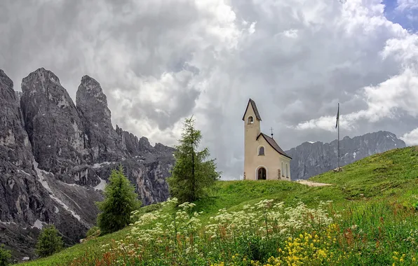 Картинка пейзаж, горы, часовня, Selva di Val Gardena